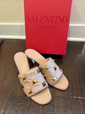 Valentino Roman stud mule in neutral color with gold hardware